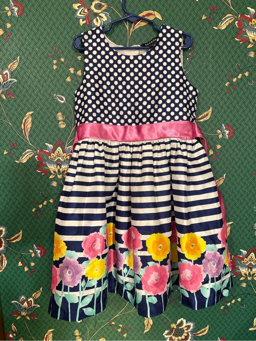 Navy Polka Dot & Floral Satin Waist Girls Dress